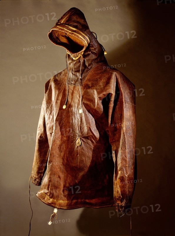 Waterproof sealskin parka with cords around the wrists, face and waist
