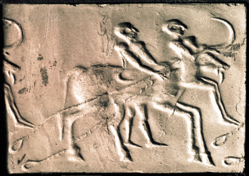 A man walks beside an ox which drags its traces along the ground