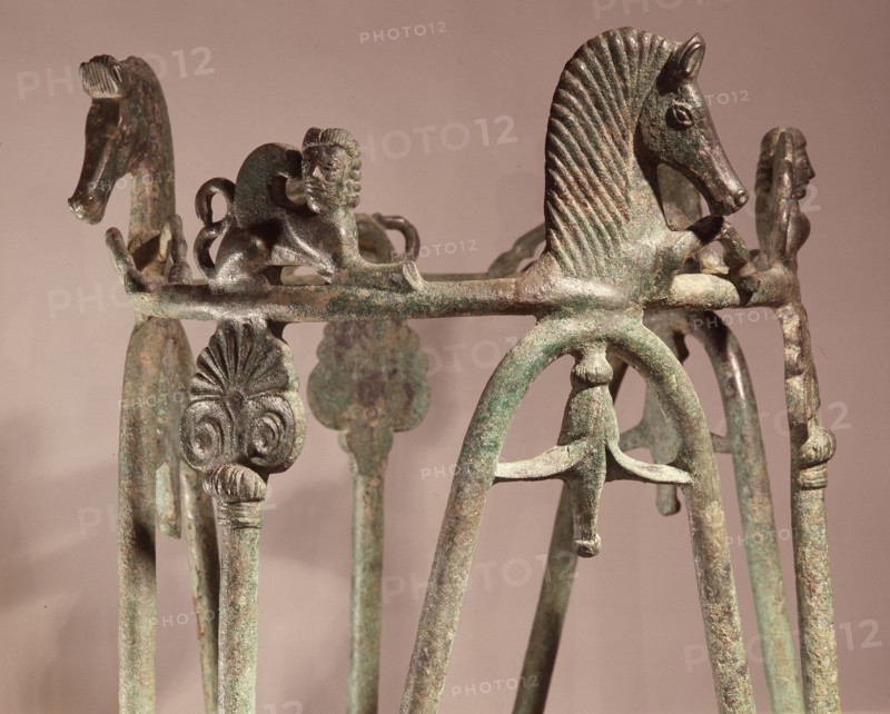 Detail of incense burner stand depicting horse heads and sphinxes
