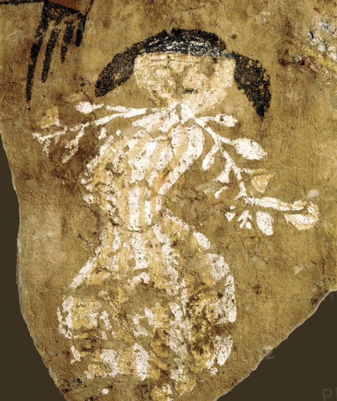 Rare wall painting depicting a woman dancer holding twigs