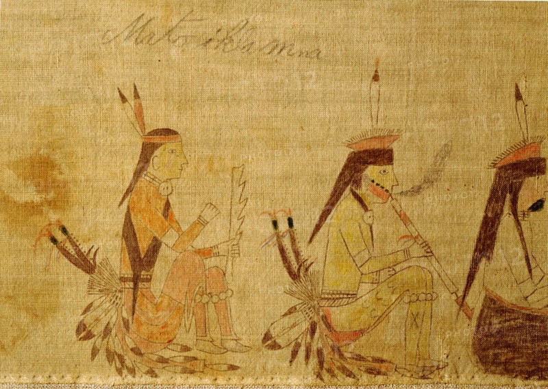 A cloth painting depicting a parade, a Sun Dance ceremony and scenes from daily life