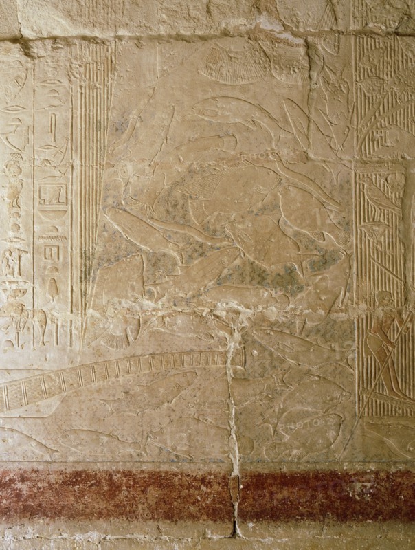 A scene in relief in the tomb of the vizier Mereruka showing fishing in a papyrus thicket