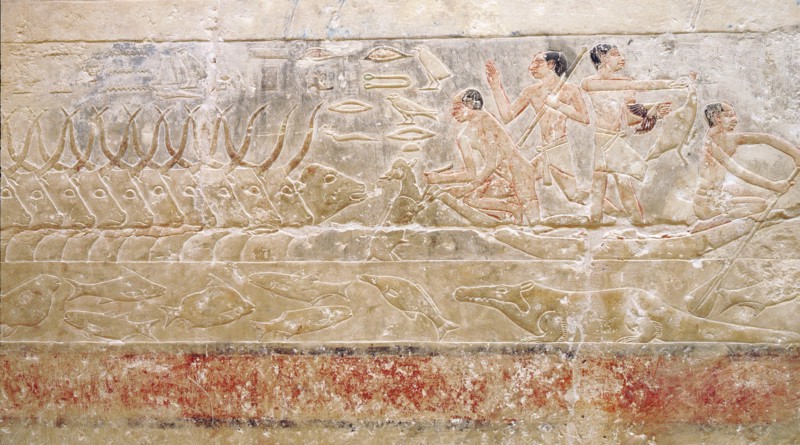 A detail of a relief in the tomb of Princess Sesh seshet Idut at Saqqara showing herdsman with cattle fording a canal