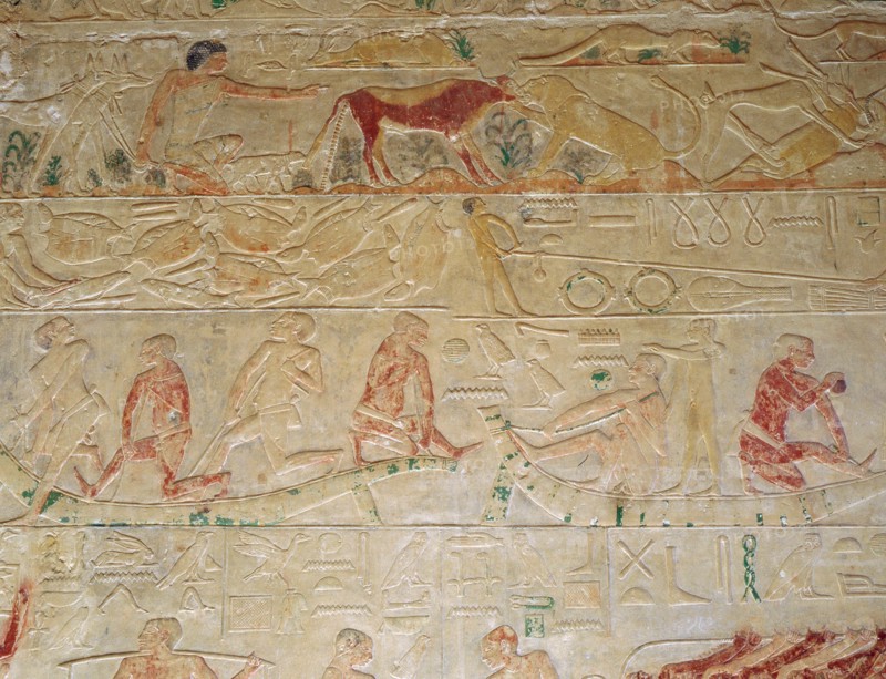 A relief from the tomb of the vizier Ptah hotep at Saqqara with scenes depicting the construction of a reed boat