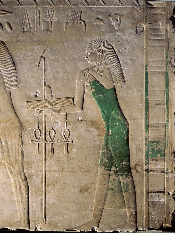 A relief from Sahures cult temple at Abusir showing the female personification of fertile estates wearing a green dress