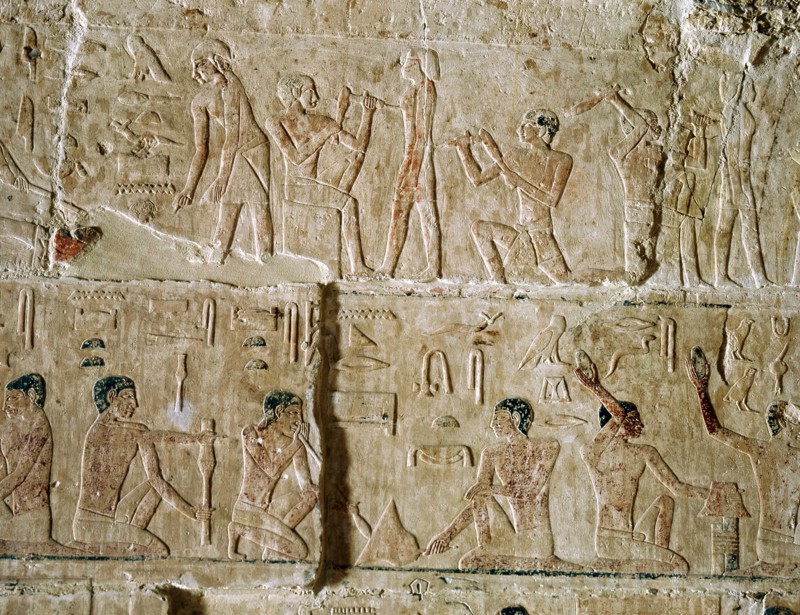 A relief from the mastaba of Niankhkhnum and Khnumhotep, priests and oversees of the palace manicurists of King Neweserra