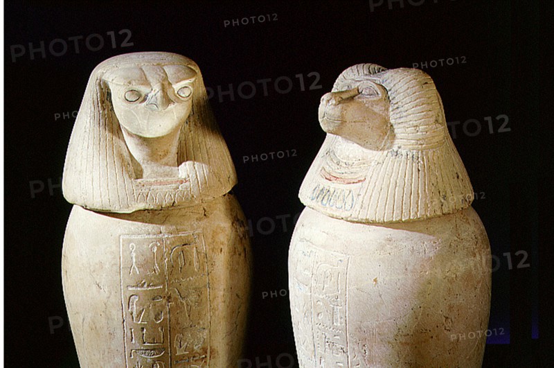 Two of a set of four canopic jars used to preserve the internal organs of Prince Hornakht each in the form of one of the Four Sons of Horus