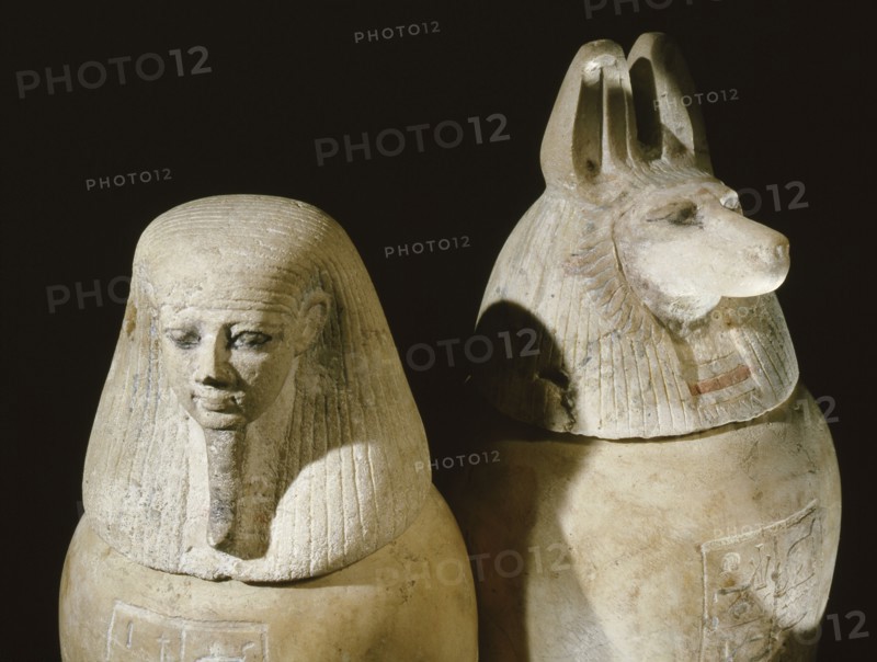 Two of a set of four canopic jars used to preserve the internal organs of Prince Hornakht each in the form of one of the Four Sons of Horus