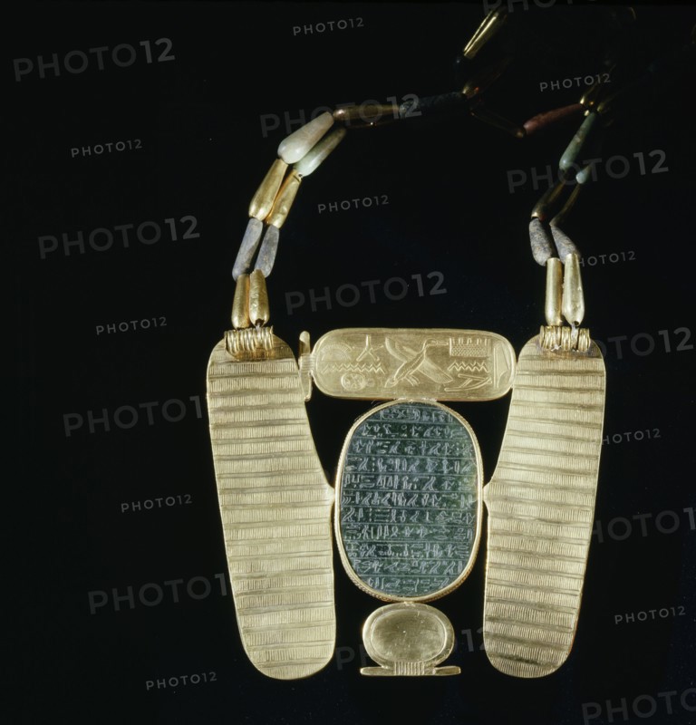 Winged scarab pectoral on bead chain, from the tomb of Psusennes I