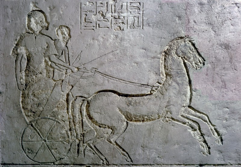 A relief in an Amarna tomb showing soldiers on a battle chariot