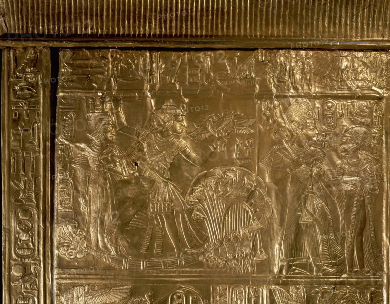 A detail of the gilt shrine of Tutankhamun which originally contained statuettes of the royal couple
