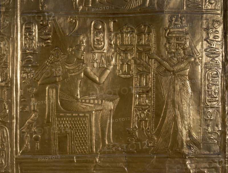A detail of the gilt shrine of Tutankhamun which originally contained statuettes of the royal couple
