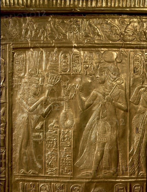 A detail of the gilt shrine of Tutankhamun which originally contained statuettes of the royal couple