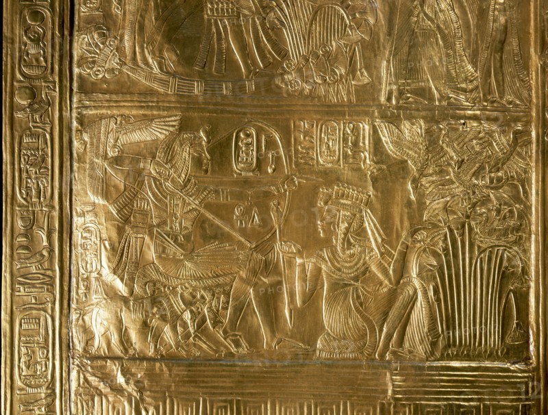 A detail of the gilt shrine of Tutankhamun which originally contained statuettes of the royal couple