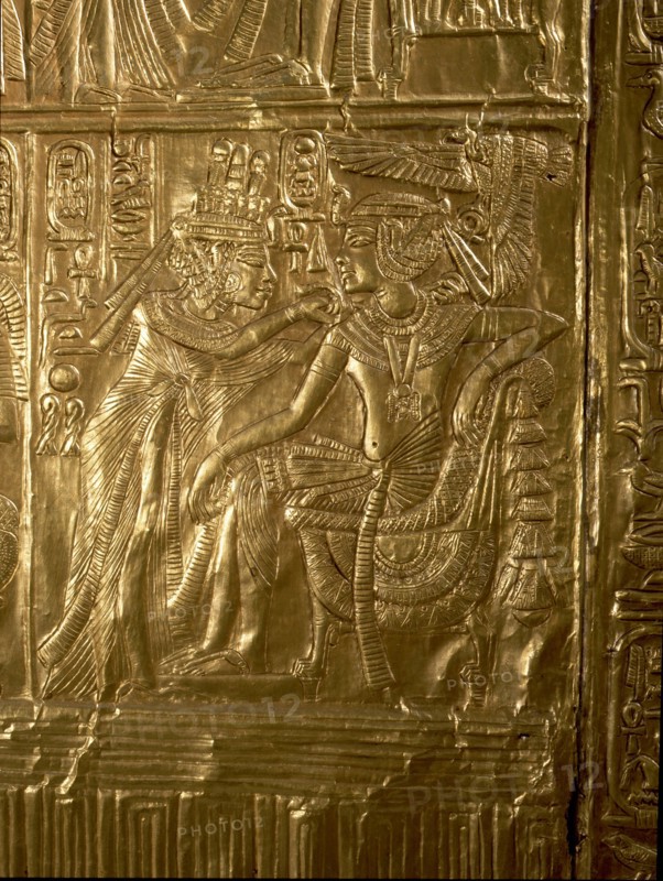A detail of the gilt shrine of Tutankhamun which originally contained statuettes of the royal couple