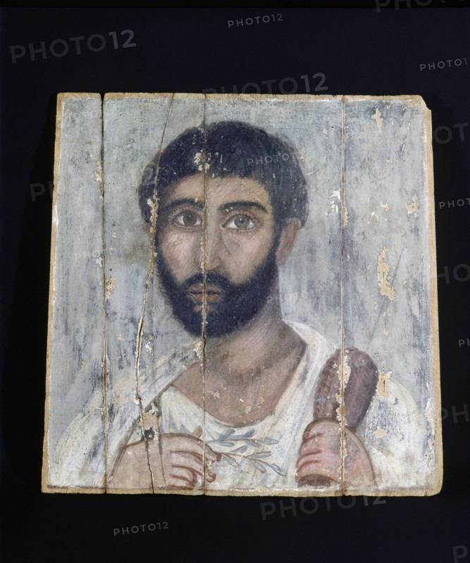 Portrait of a man holding rosebuds wreath and springs of myrtle, part of a triptych