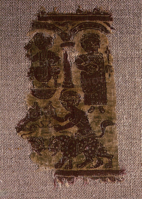 Tapestry fragment depicting a seated dignitary and a standing woman watching two youngsters leading panthers