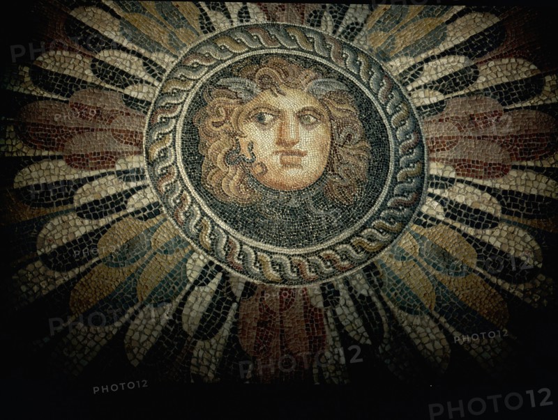 Mosaic floor of the head of Medusa with winged brow