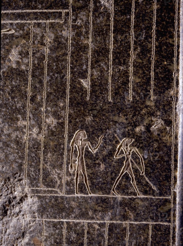 Detail from a sarcophagus depicting the killing of the serpent Apophis, the enemy of the Sun God