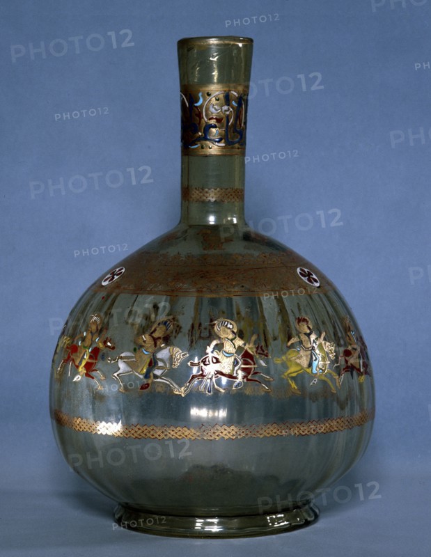 Mamluk glass hookah base decorated with images of polo players, Country of origin: Egypt