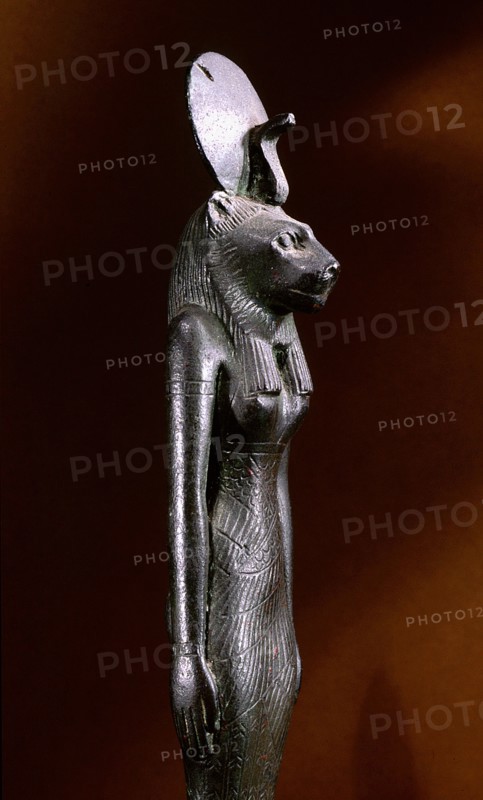 Bronze figure of the lion headed goddess Sekhmet with sun disc and uraeus