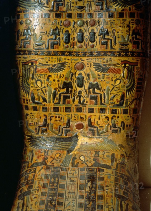 Detail of the exterior of a coffin,decorated with scenes from the Osirian and solar mythology