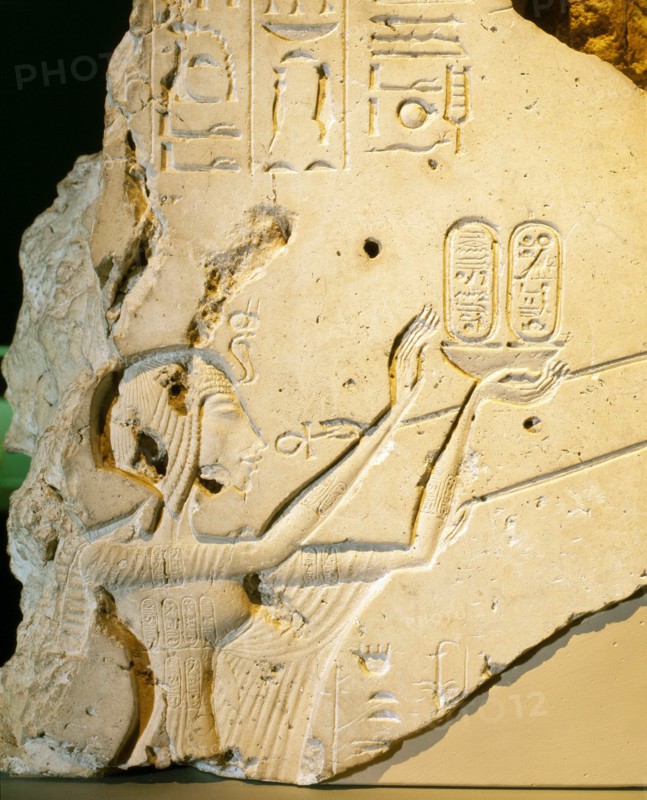 A detail of a relief showing Nefertiti worshipping the Aten