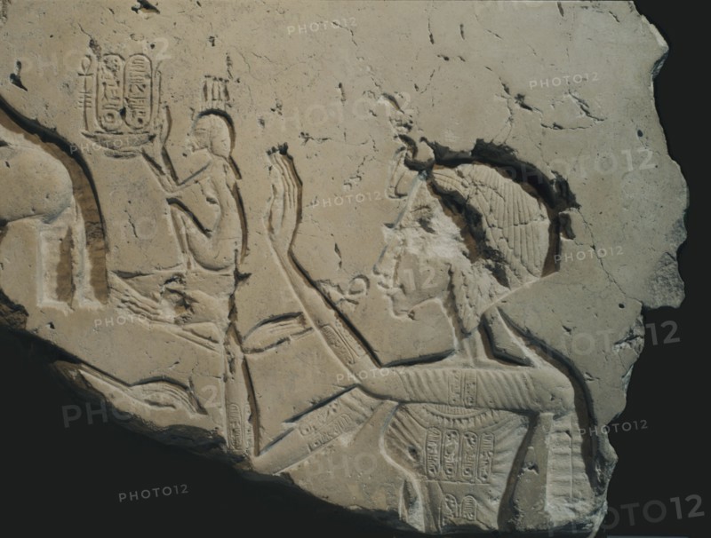 A detail of a relief showing Nefertiti worshipping the Aten
