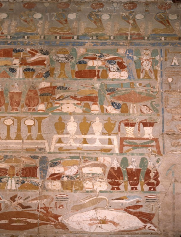 A wall painting in the Chapel of Anubis at the temple of Hatshepsut depicting offerings