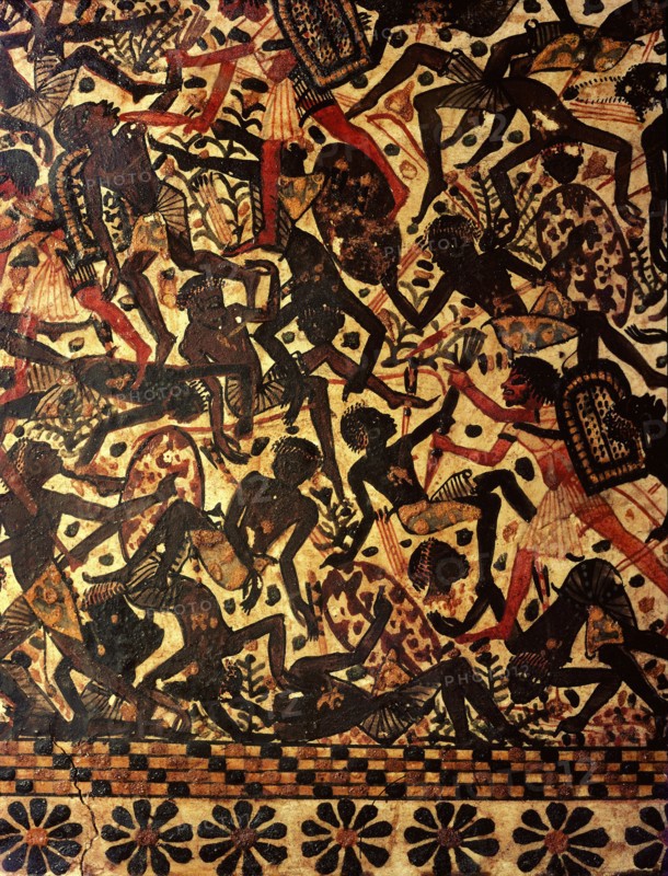 A scene painted on the side of a casket of Tutankhamun depicting a battle against the Nubians