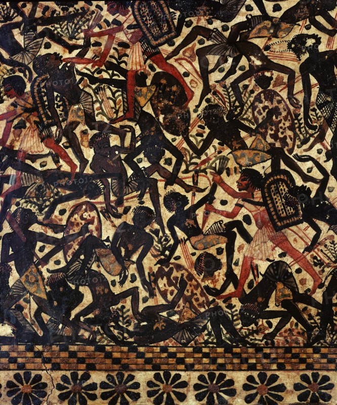 A scene painted on the side of a casket of Tutankhamun depicting a battle against the Nubians