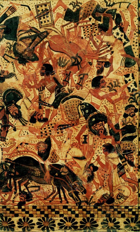 A scene painted on the side of a casket of Tutankhamun depicting a battle against the Syrians, Egypts traditional enemies from the north