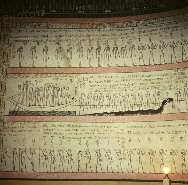 A wall in the tomb of Tuthmosis III painted with a scene from the Am Duat, The Book of That Which is the Netherworld which contained spells needed to protect the soul of the deceased on the voyage through the Netherworld