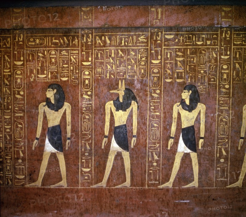 A detail of the hieroglyphic inscriptions and images of the pharaoh with Anubis, god of mummification on the sarcophagus of Tuthmosis IV