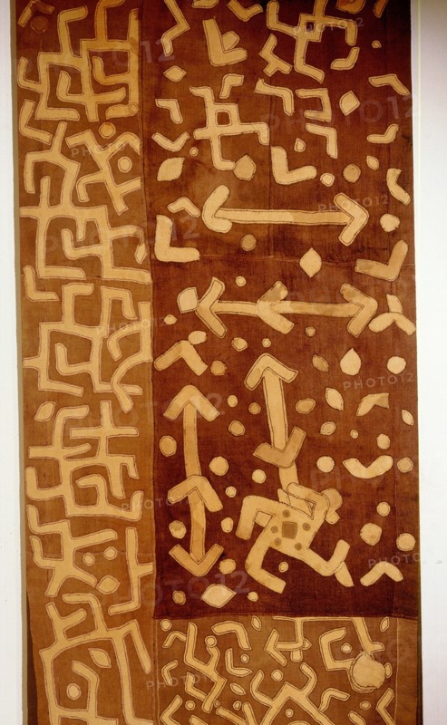 These raffia dance skirts were woven in pieces by men using upright single heddle looms, then sewn together, beaten, and appliqued by women