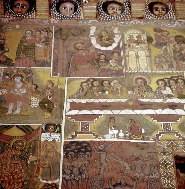 Painted walls at the church of Debra Berhan, Gondar