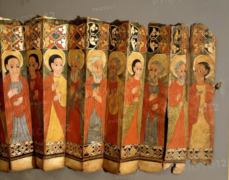A fragment of a ceremonial fan depicting Ethiopian saints