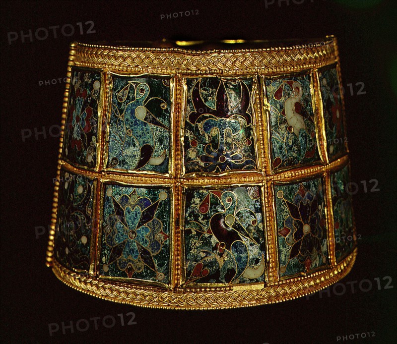 Arm bands made from two hinged pieces of gold with coloured cloisonne enamels set in panels all round