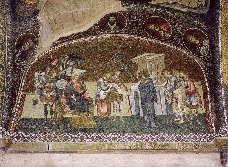 A mosaic panel in the church of St Saviour in Chora, (Kariye Djami), Istanbul, depicting a scene in which the Virgin Mary and St Joseph enrol for taxation