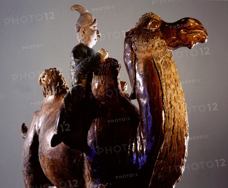 Sancai glazed tomb figure of a camel and foreign rider with an exaggeratedly large nose