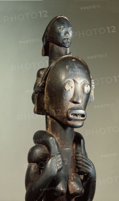 These figures, known as Bieri, were seated on bark boxes containing the skulls and bones of ancestors, both to guard the relics and as a focus for prayers, complaints and sacrifices