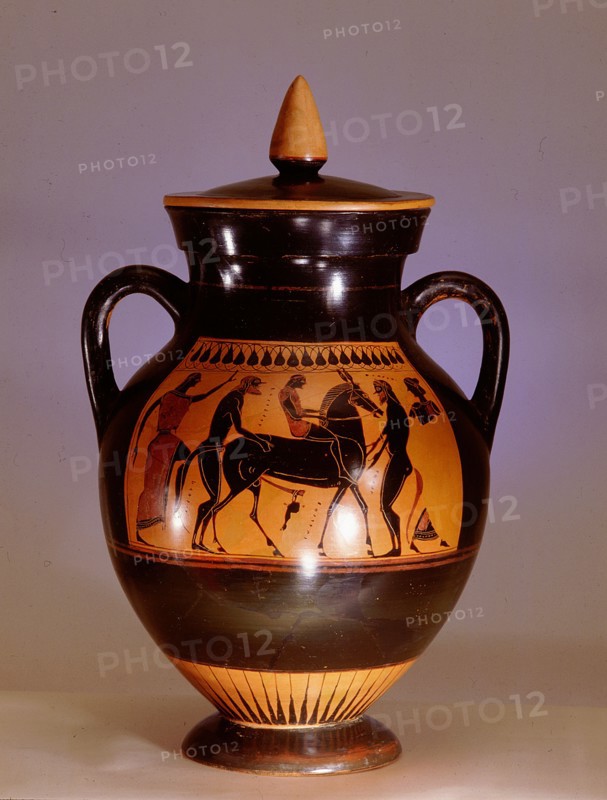 Black painted Athenian amphora with scene from the cult of Dionysus