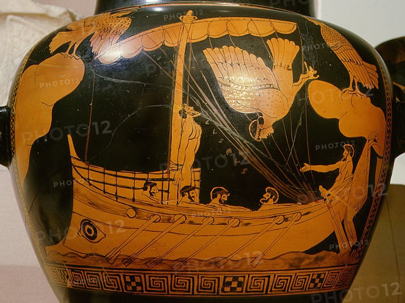 Stamnos (vase) depicting Odysseus tied to the mast listening to the songs of the Sirens