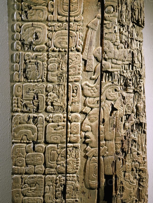 Detail of a carved wood lintel from Temple IV at Tikal, collected in 1877 by the explorer Gustav Bernoulli