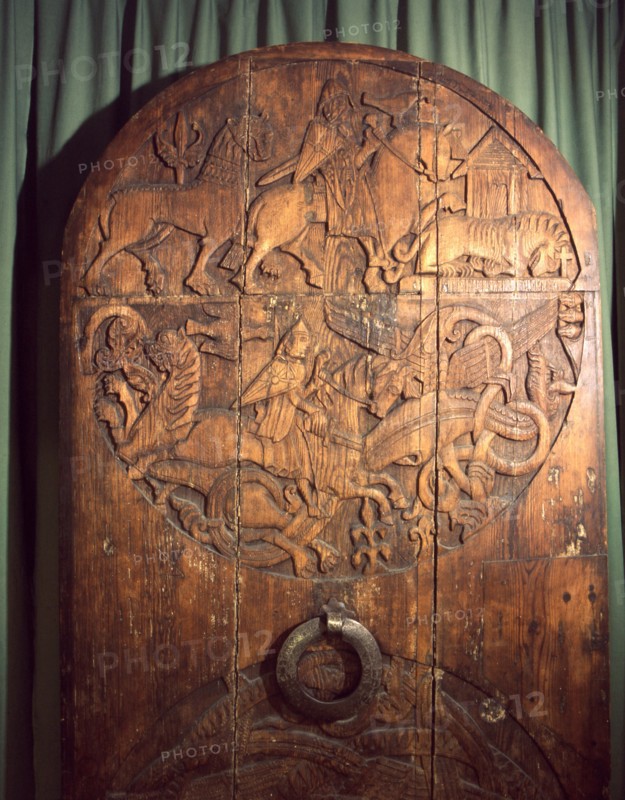 Upper roundel of the carved church door from the Valthyofsstadir