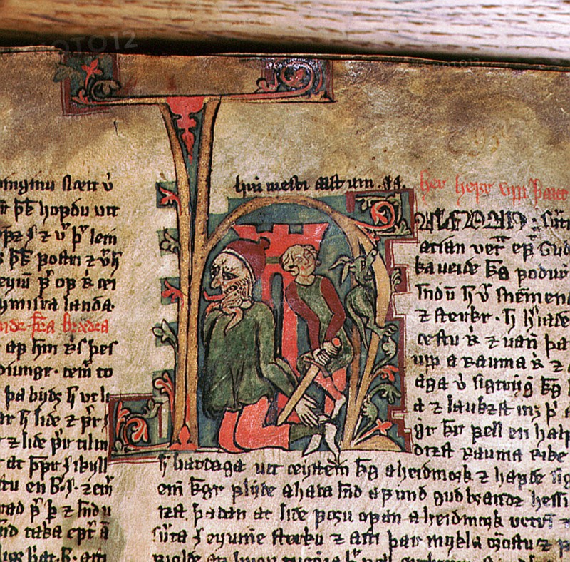 Illumination from the Icelandic manuscript Flateyjarbok which showsKing Harold Fine Hair cutting the fetters from the giant Dofri who was to become his foster father in folklore