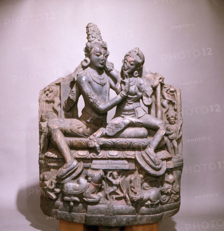 A sculpture of Shiva and Parvati