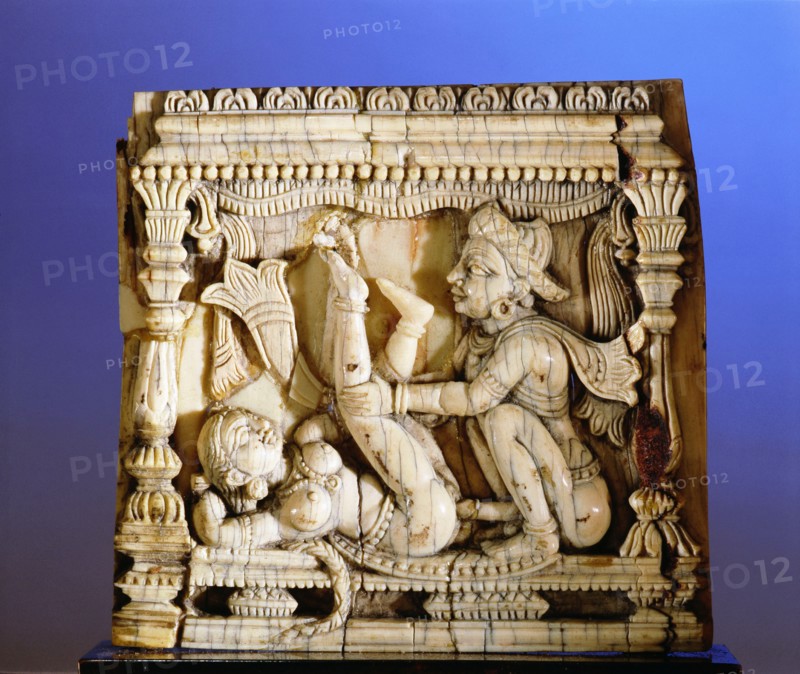 An ivory panel, probably from a bed or a swing, carved with a tantric scene of a couple making love