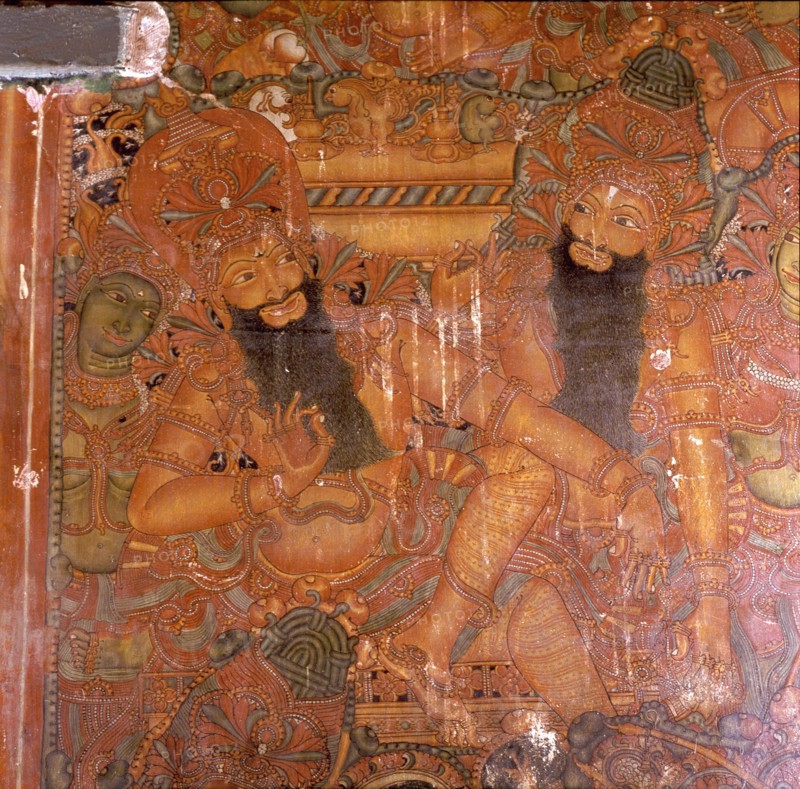 A scene from a wall painting in the Rajahs palace, Cochin, which illustrates scenes from the Ramayana