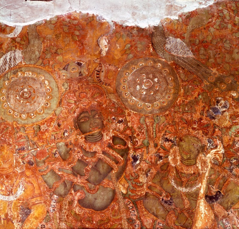 Detail of a wall painting in the Rajahs palace, Cochin, which illustrates scenes from the Ramayana